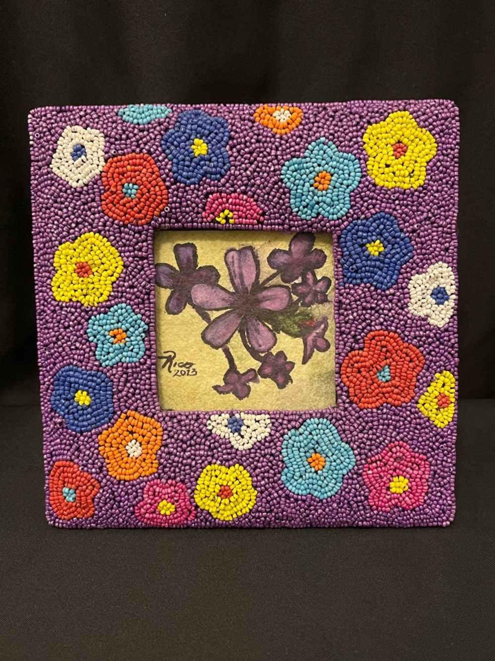 Purple Beaded Floral Picture Frame with Multicolor Flowers and 2013 Art by Rico